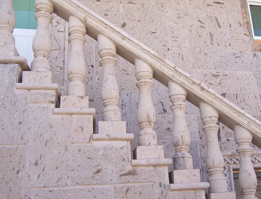 Cantera balustrade showing the stone's natural texture